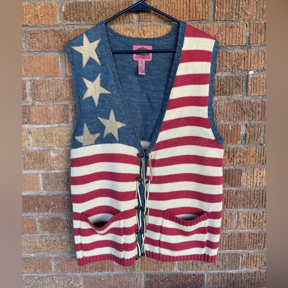 Vintage Cambridge Country Store Patriotic Knit Vest Fringe Western USA Sz S